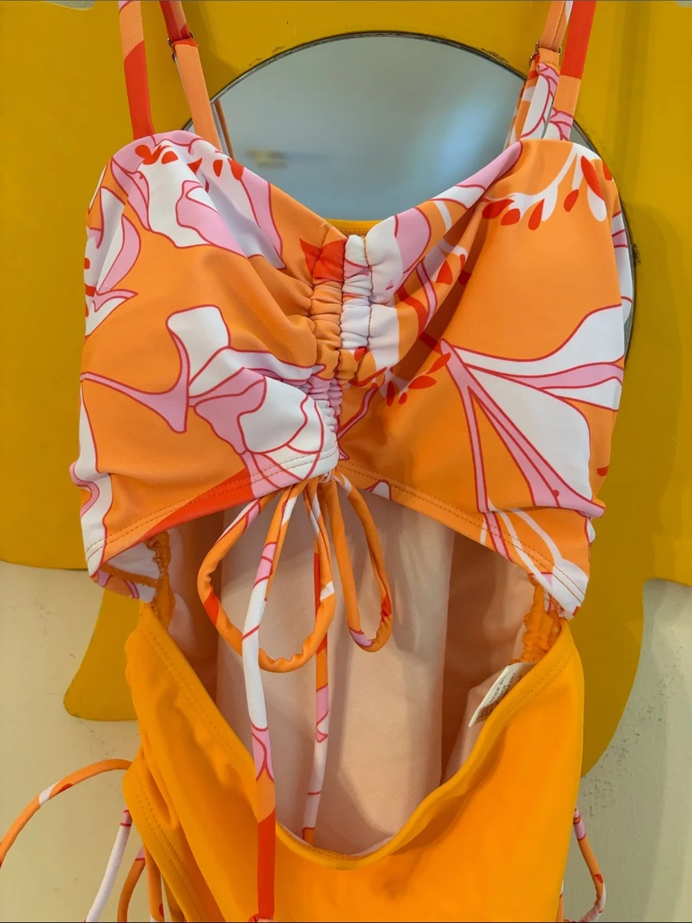 Orange Floral Cutout One-Piece Swimsuit with Tie Details